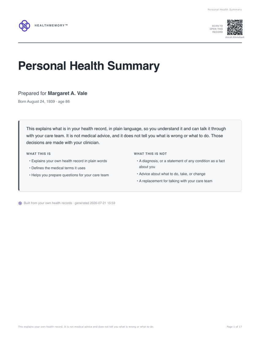 Sample personal health summary, page one, for a fictional person.