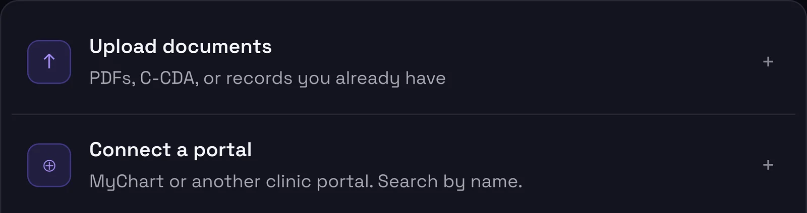 Genesis on the web: Upload documents (PDFs, C-CDA, or records you already have) and Connect a portal (MyChart or another clinic portal. Search by name.)