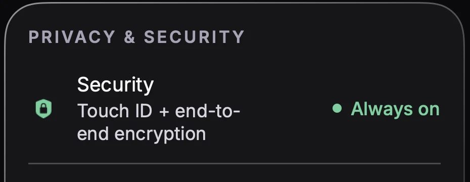 HealthMemory for Mac, Settings, Privacy and Security: Security, Touch ID plus end-to-end encryption, always on.